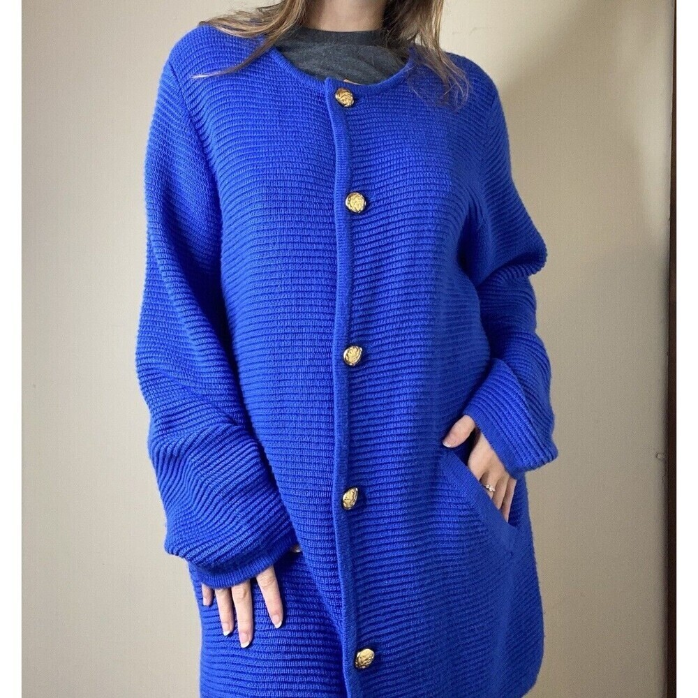 Linea by Louis Blue Acrylic & Wool Long Knit Jacket Oversized Cardigan Medium